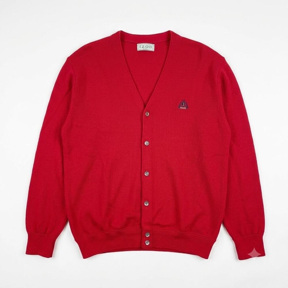 IZOD Vintage Grandpa Cardigan Sweater Red V Neck Button Up USA Made Mens Large